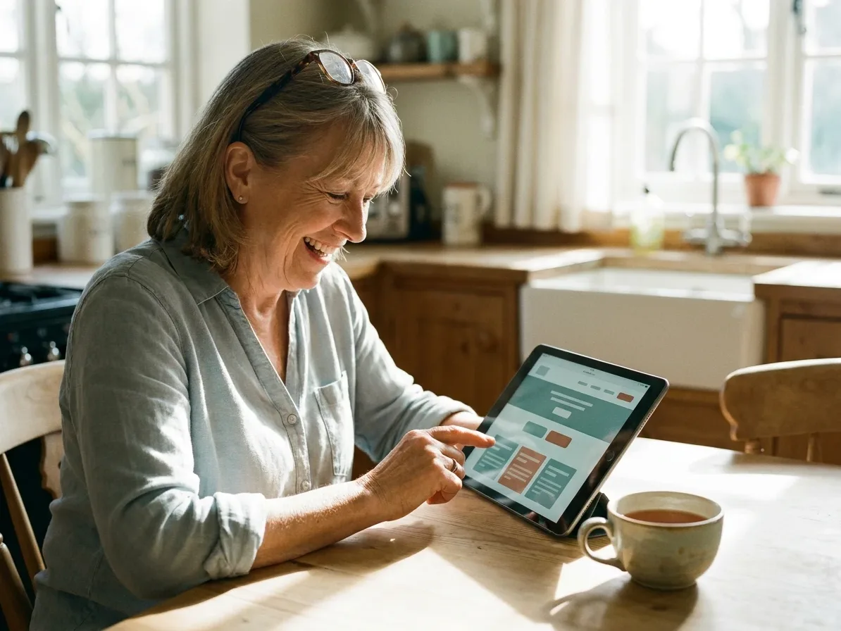 A woman at a sunny kitchen table smiling as she reads a local business website with large, clear text on a tablet