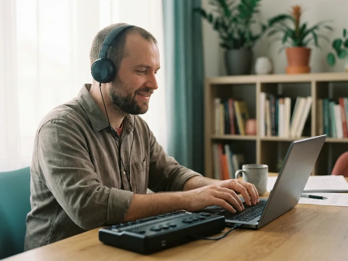 A blind man wearing headphones works on a laptop with a refreshable braille display in front of it