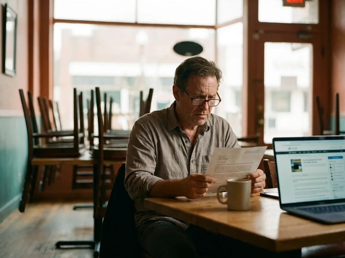 A restaurant owner reads a letter at a table in his empty dining room, his laptop open beside him