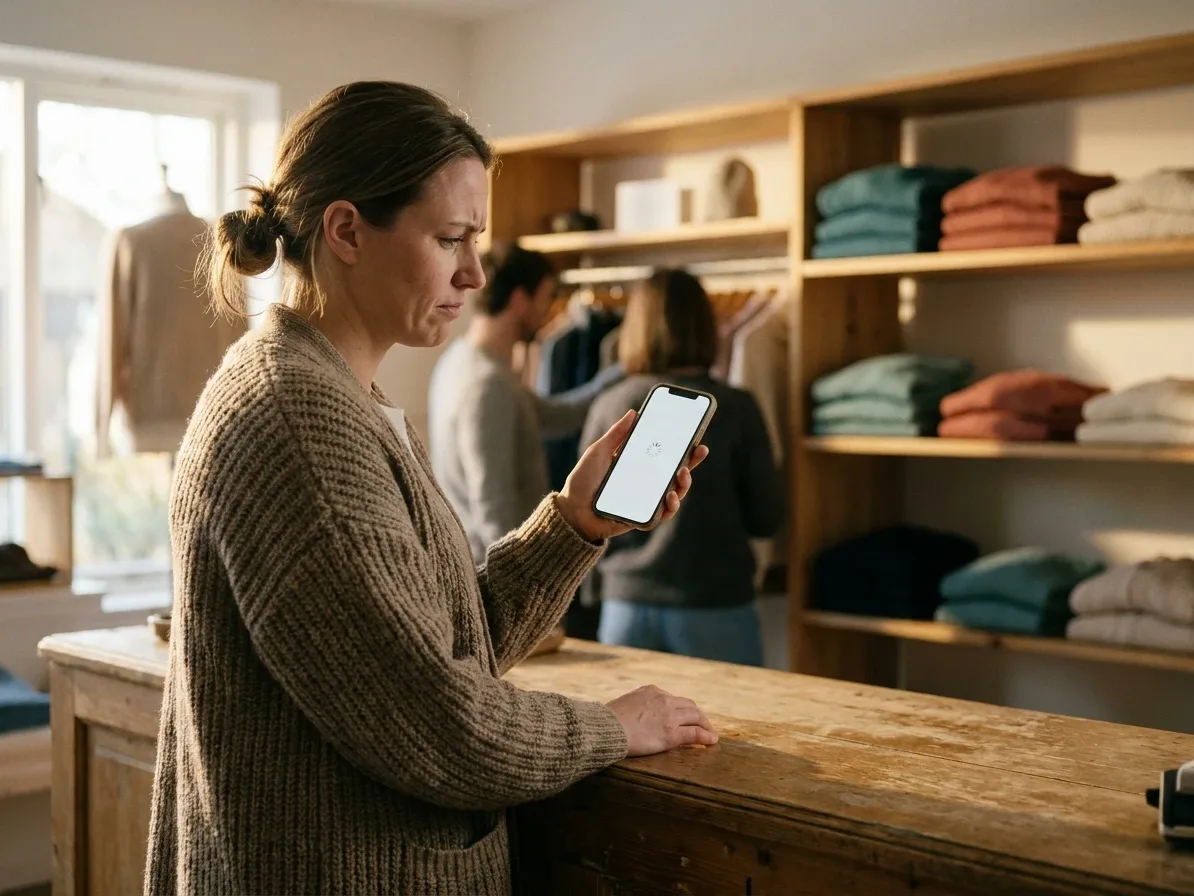 A boutique owner behind her shop counter frowns at a website still loading on her phone