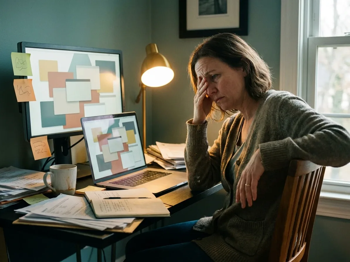 A small-business owner rubs her eyes at a cluttered desk while her screens fill with pop-up alerts
